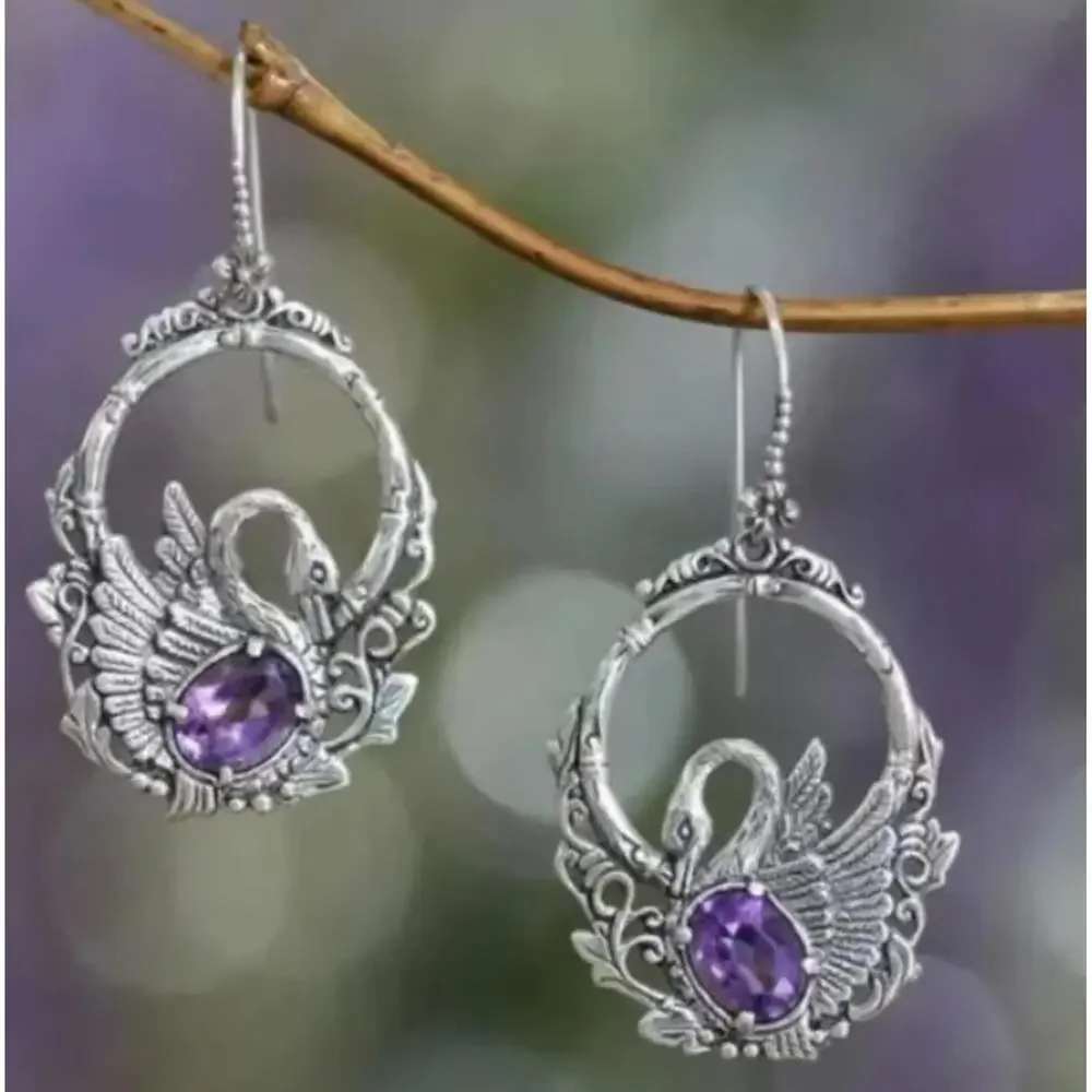 Purple Swan Drop Earrings - Picture 1 of 1
